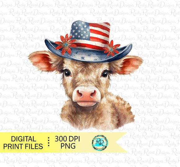 Patriotic cow Png, 4th of July, sublimation design, cow with hat, USA flag, digital download, Printable artwork