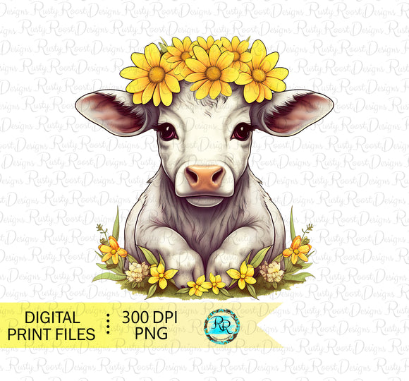 Cow with flowers Png, sublimation design, cute cow, digital download, printable artwork