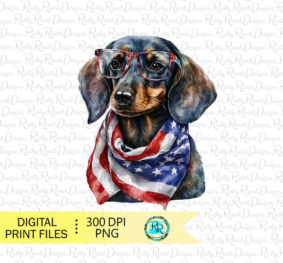 Patriotic Dachshund Png, 4th of July, Dachshund with glasses, sublimation design, USA flag, digital download, Printable artwork