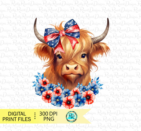 Patriotic highland cow Png, 4th of July, sublimation design, USA flag, digital download, Printable artwork