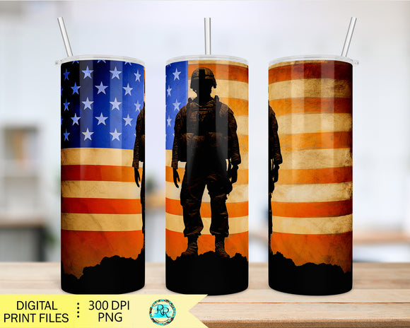 Soldier tumbler Png, 20 oz skinny tumbler sublimation designs, Patriotic Png wrap for tumblers, USA flag tumbler wrap