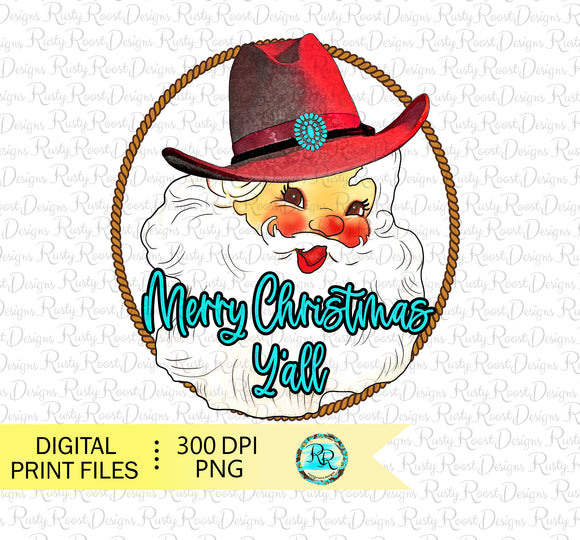 Western Santa PNG, Merry Christmas Y'all png, Christmas sublimation designs downloads, Cowboy Santa, printable design
