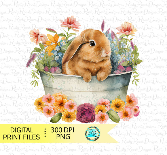 Bunny in basket Png, Easter sublimation designs, Bunny with flowers, Bunny in tub, Watercolor rabbit, Easter Bunny Png, Printable artwork