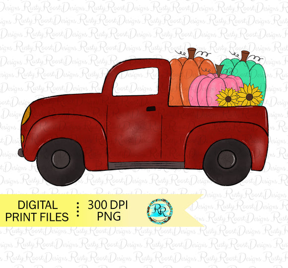 Fall Pumpkin truck Png, Thanksgiving sublimation designs, hand drawn, pumpkin and sunflower truck png, printable designs