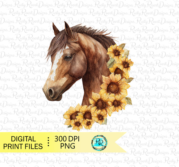 Horse with Sunflower png, horse sublimation design downloads, digital download, Western sublimation, horse with flowers, printable art