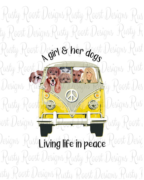 A girl and her dogs png, dogs sublimation designs download, peace van png, printable