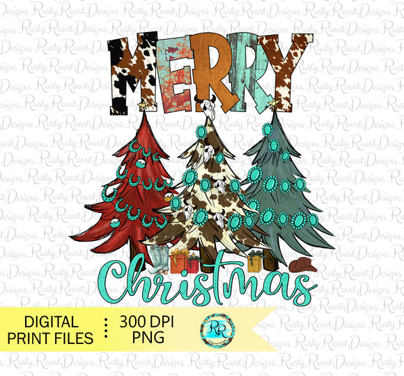 Western Christmas PNG, Merry Christmas Y'all, Turquoise Christmas sublimation designs downloads, Cowhide Tree, printable design
