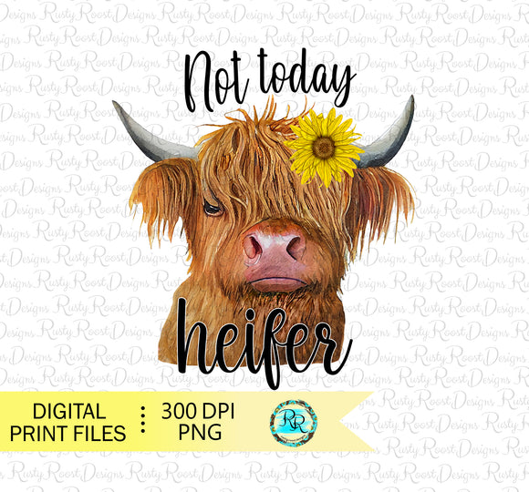 Not today Heifer Png, Highland cow sublimation designs, Funny Cow, digital download, Cow with Sunflower, Printable artwork