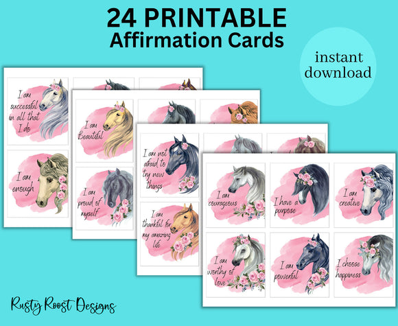 Printable Affirmation Cards, Positive Affirmation Card Deck, Inspirational quotes, Horse themed, Vision Board Printable
