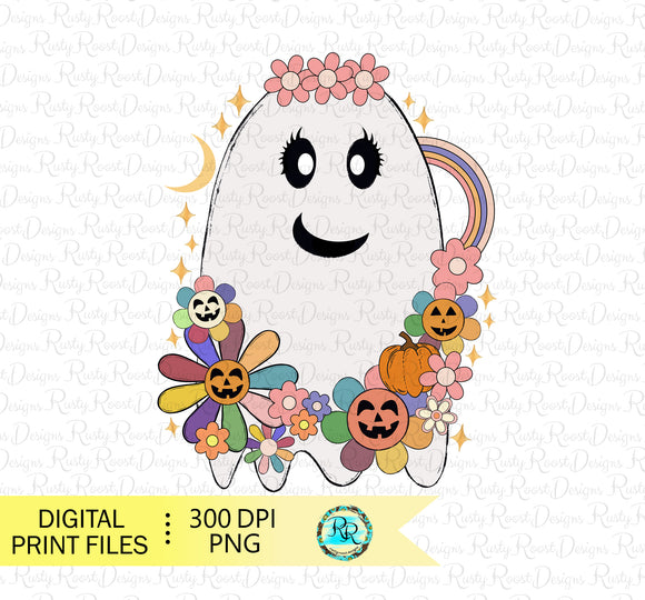 Retro Flower ghost Png, Halloween sublimation designs downloads, hand drawn, ghost sublimation PNG, printable artwork
