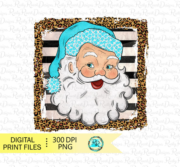Santa leopard background PNG, Christmas sublimation designs, Vintage Santa Claus, Blue Santa, Christmas shirt designs, printable design