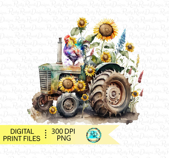 Tractor Png, Farm sublimation designs, Tractor with flowers, Watercolor farm tractor, Chicken Png, Printable artwork