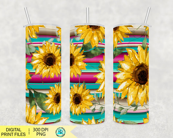 Serape Tumbler wrap, Sunflower 20oz Skinny Tumbler sublimation designs, Western sublimation PNG wrap for tumblers, Seamless tumbler PNG