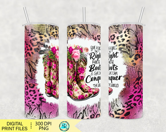 Cowgirl boots 20oz Skinny Tumbler sublimation designs, sublimation PNG wrap for tumblers, pink boots tumbler PNG, pink leopard PNG wrap