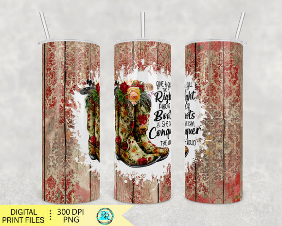 Cowgirl boots tumbler png wrap, 20 oz skinny tumbler sublimation designs, wood tumbler png