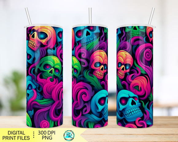 Skull tumbler Png, 20 oz skinny straight sublimation designs, neon skull tumbler, Png wrap for tumblers, seamless tumbler Png