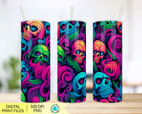 Skull tumbler Png, 20 oz skinny straight sublimation designs, neon skull tumbler, Png wrap for tumblers, seamless tumbler Png