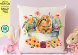 Bunny in basket Png, Easter sublimation designs, Bunny with flowers, Bunny in tub, Watercolor rabbit, Easter Bunny Png, Printable artwork