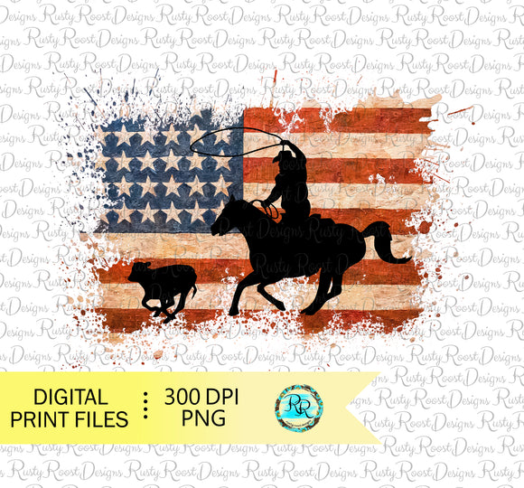 Calf roping PNG, rodeo sublimation designs downloads, USA flag, printable design