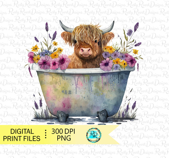 Highland cow in a bucket Png, Cow sublimation designs, Cute Cow with flowers, cow in tub, Watercolor cow, Western cow png, Printable artwork