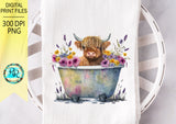 Highland cow in a bucket Png, Cow sublimation designs, Cute Cow with flowers, cow in tub, Watercolor cow, Western cow png, Printable artwork