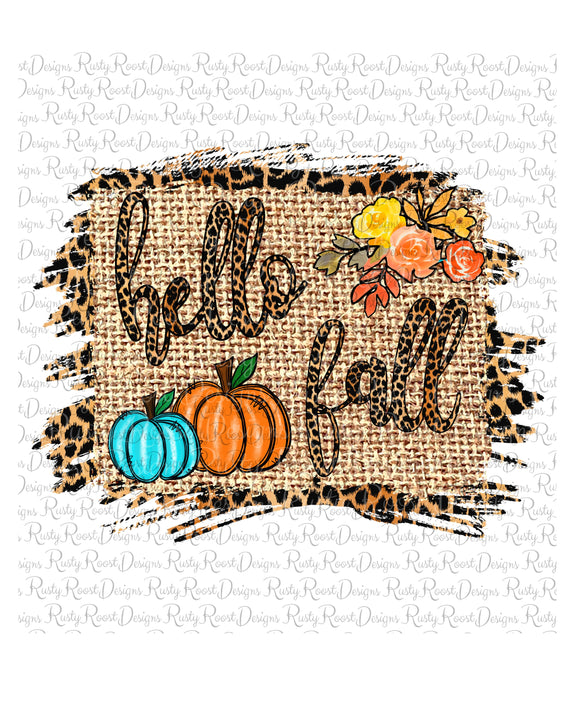 Hello fall PNG, Fall sublimation designs downloads, burlap and leopard,  printable artwork