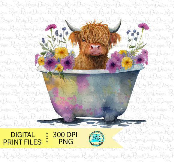 Highland cow in tub Png, Cow sublimation designs, Cute Cow with flowers, cow in a bucket, Watercolor cow, Printable artwork