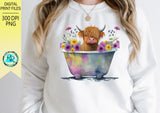 Highland cow in tub Png, Cow sublimation designs, Cute Cow with flowers, cow in a bucket, Watercolor cow, Printable artwork