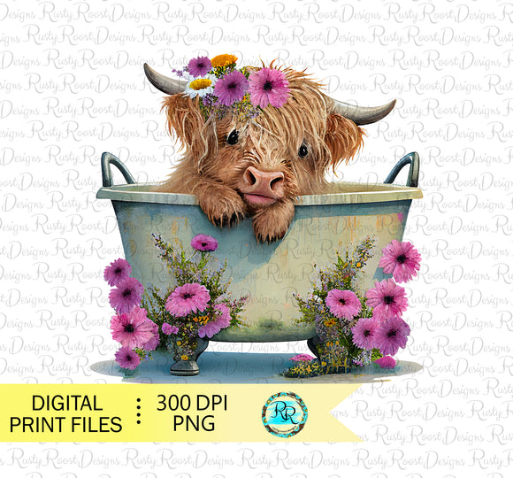 Highland cow in tub Png, Cow sublimation designs, Cute Cow with flowers, Watercolor cow, Printable artwork