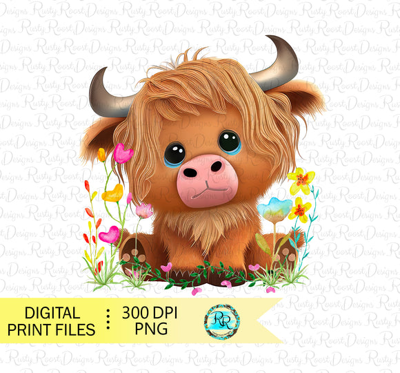 Highland cow with flowers Png, Cow sublimation designs, Cow with flowers, Nursery cow printable, Printable artwork