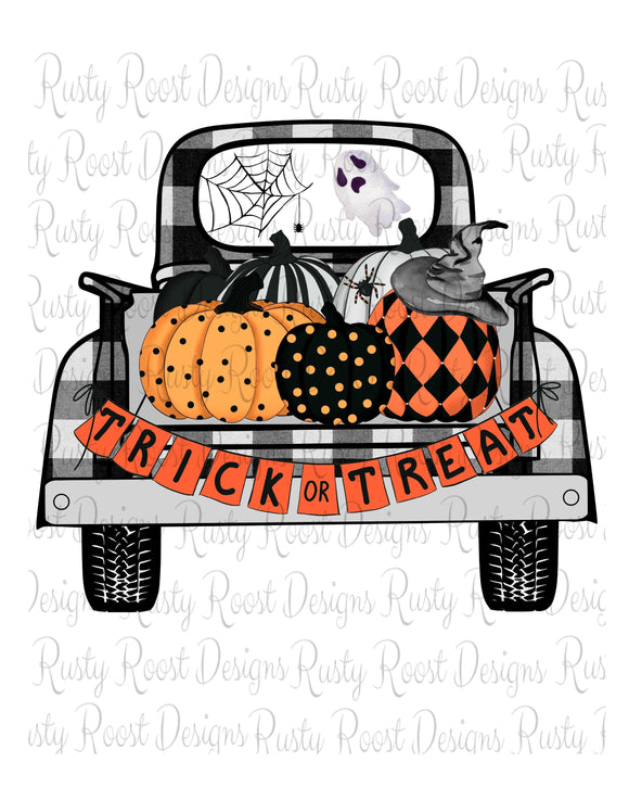 Trick or Treat png, Halloween sublimation designs downloads, digital download, pumpkin truck png, Plaid truck, printable