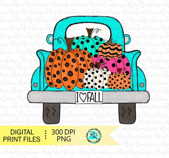 I love Fall Pumpkin Truck Png, sublimation designs, hand drawn, leopard pumpkin, whimsical, printable artwork