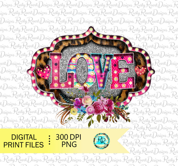 Love Valentine sublimation designs downloads, leopard and marquee frame, digital designs