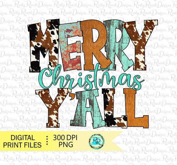 Merry Christmas Y'all PNG, Western Christmas sublimation designs downloads, Christmas PNG, cowhide PNG, Printable