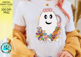 Retro Flower ghost Png, Halloween sublimation designs downloads, hand drawn, ghost sublimation PNG, printable artwork