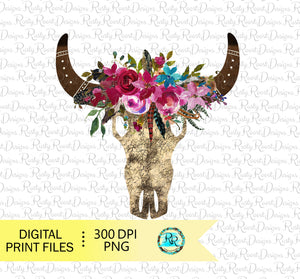 Bull Skull png, skull sublimation designs downloads, skull with flowers, digital download, printable artwork
