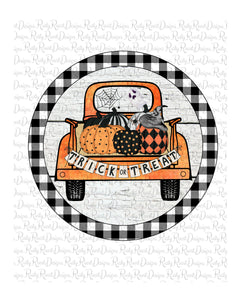 Trick or Treat PNG, Round door hanger sublimation designs downloads, truck with pumpkins, Halloween PNG, printable
