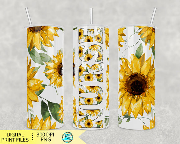 Nurse Sunflower Tumbler Png, 20oz Skinny Tumbler sublimation designs downloads, sublimation PNG wrap for tumblers, Seamless tumbler PNG