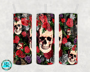 Floral skull tumbler png, Halloween tumbler sublimation designs downloads, 20oz. skinny tumbler png, tumbler PNG wrap, Skull tumbler png,  seamless