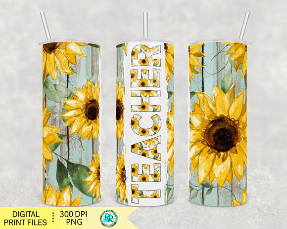 Teacher Tumbler Png, Sunflower 20oz Skinny Tumbler sublimation designs downloads, sublimation PNG wrap for tumblers, Seamless tumbler PNG