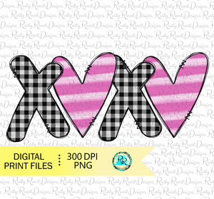 Valentine hearts png, Valentine sublimation designs downloads, hand drawn plaid XOXO png, printable design