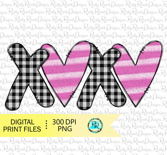 Valentine hearts png, Valentine sublimation designs downloads, hand drawn plaid XOXO png, printable design